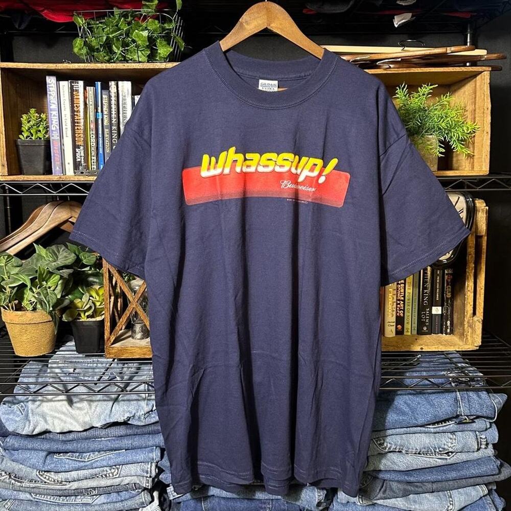 Vintage Y2K Budweiser Wassup! Tee Mens XL Navy Blue Beer Promo Shirt